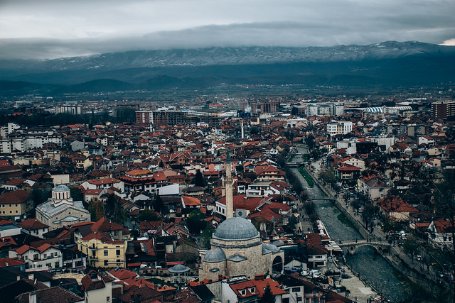 A mosque and a Serbian Orthodox church in the centre of Prizren in Kosovo