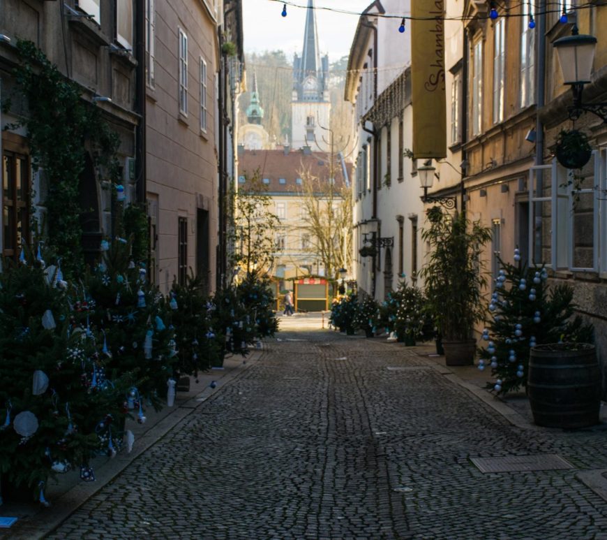 Christmas trees decorated by kids in Ljubljana Slovenia