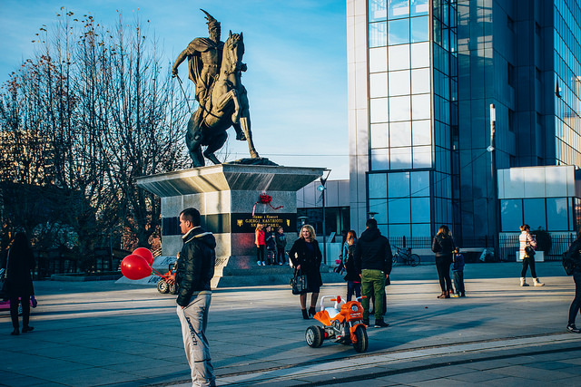 The statue of the Albanian hero Skenderbeg on Mother Teresa Boulevard in Pristina